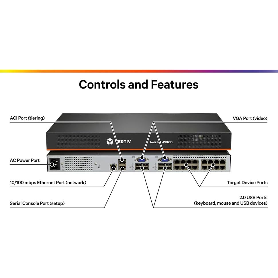 Avocent 8 Port Autoview KVM with 1 local and 1 remote users, VM and CAC, AC Power Supply with IEC C13 to C14 lead