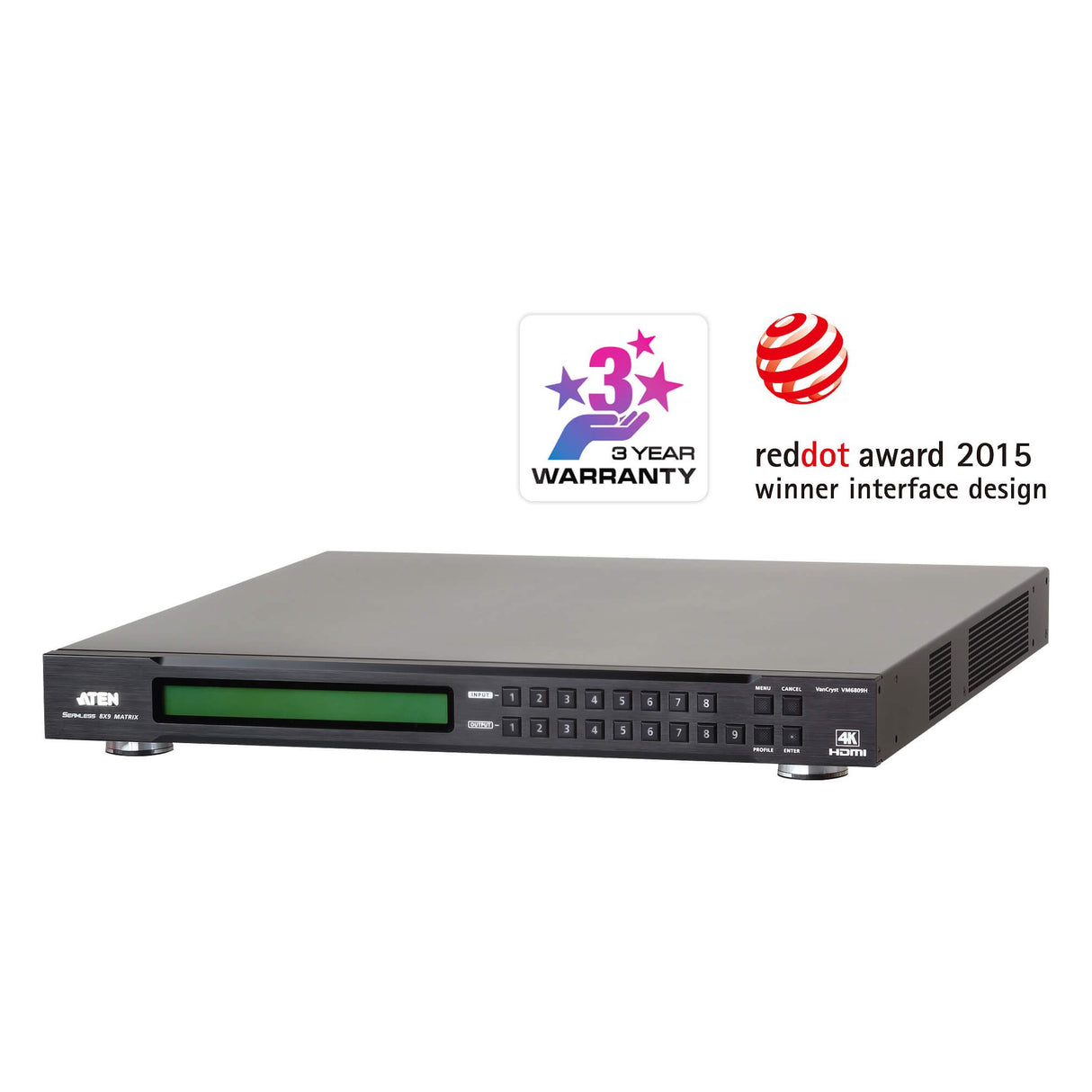 Aten Professional Matrix 8x9 4K HDMI Matrix with Scaler, Seamless Switch, control via front-panel pushbuttons, IR remote and RS232 control