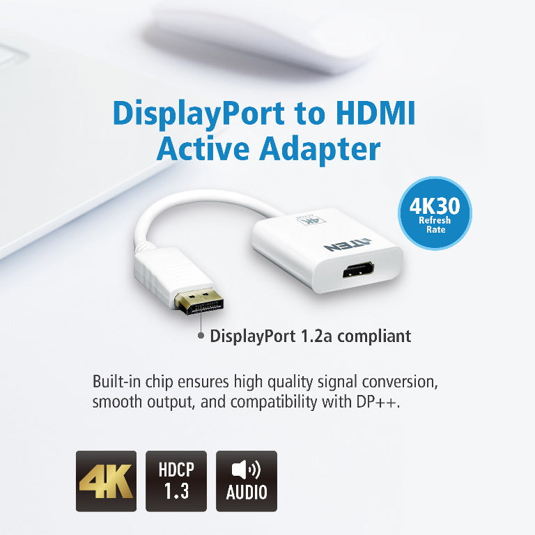 Aten 4K DisplayPort to HDMI Active Adapter, Supports VGA, SVGA, XGA, SXGA, UXGA, 1080p & resolutions up to 4K UHD, Supports AMD Eyefinity, DP to HDMI