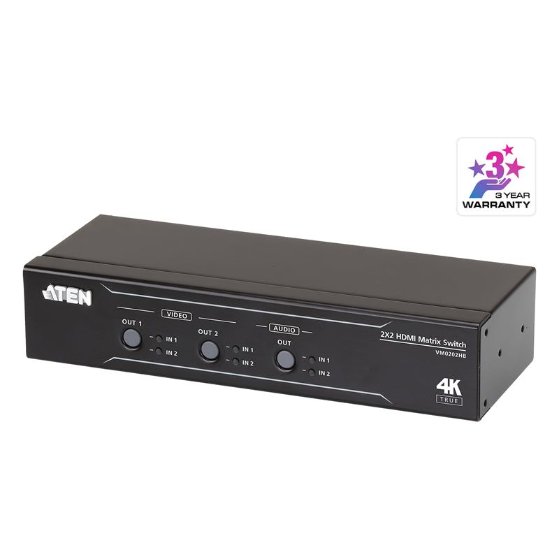 Aten VM0202HB 2x2 True 4K HDMI Matrix Switch with audio de-embedder, supports control via pushbuttons, IR remote or RS232 serial, Auto Switching