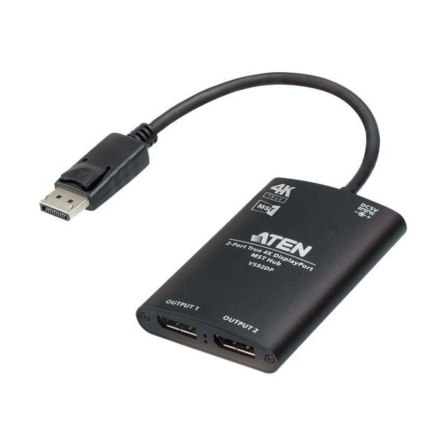 Aten VS92DP Video Splitter 2-Port True 4K resolution for dual output, up to 3840x2160@30 Hz, DisplayPort 1:2; HDCP 1.3 Compliant