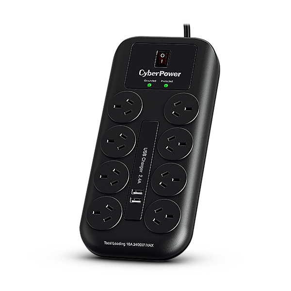 CyberPower 8-port Surge Protector with 2 x USB Charging Ports - 5 Yrs Adv. Replacement WTY