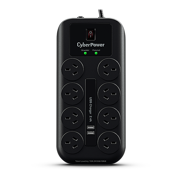 CyberPower 8-port Surge Protector with 2 x USB Charging Ports - 5 Yrs Adv. Replacement WTY