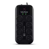 CyberPower 8-port Surge Protector with 2 x USB Charging Ports - 5 Yrs Adv. Replacement WTY
