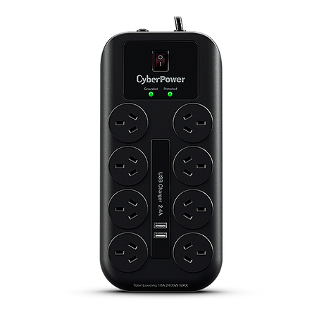 CyberPower 8-port Surge Protector with 2 x USB Charging Ports - 5 Yrs Adv. Replacement WTY