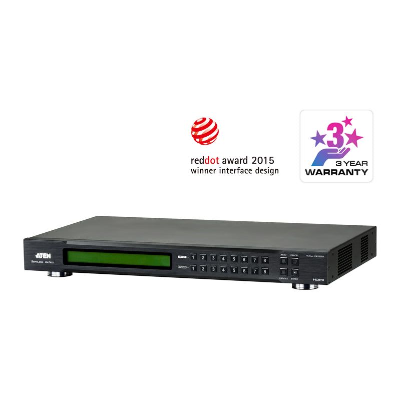 Aten Professional Matrix 8x8 HDMI Matrix with Scaler, Seamless Switch, Video Wall, control via front-panel pushbuttons, IR remote and RS232 control