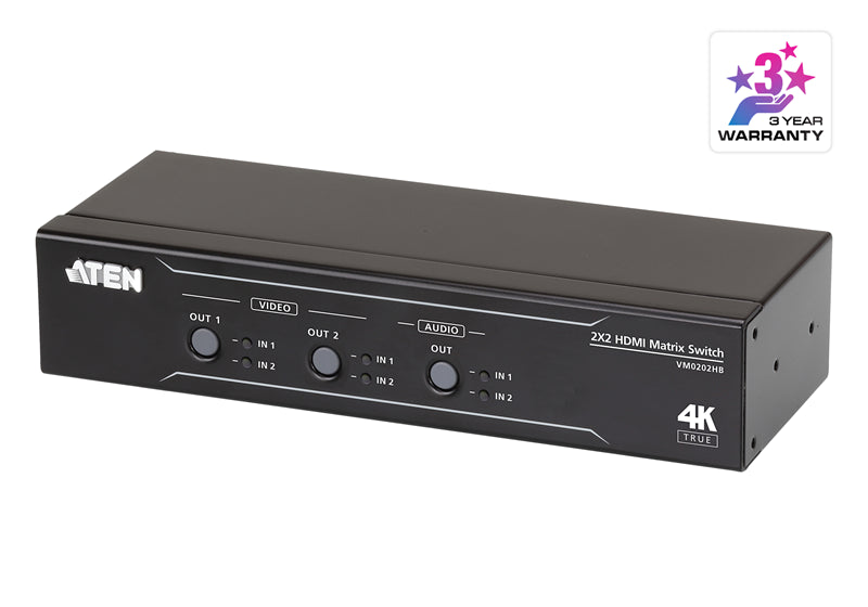 Aten VM0202HB 2x2 True 4K HDMI Matrix Switch with audio de-embedder, supports control via pushbuttons, IR remote or RS232 serial, Auto Switching